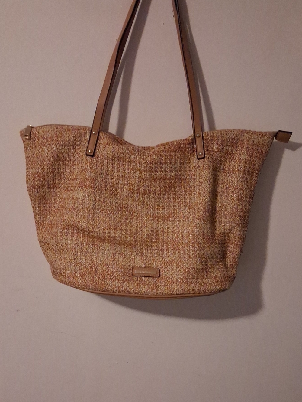 Simply Noelle Neutral Multi-Color Woven Tote with Tan Straps